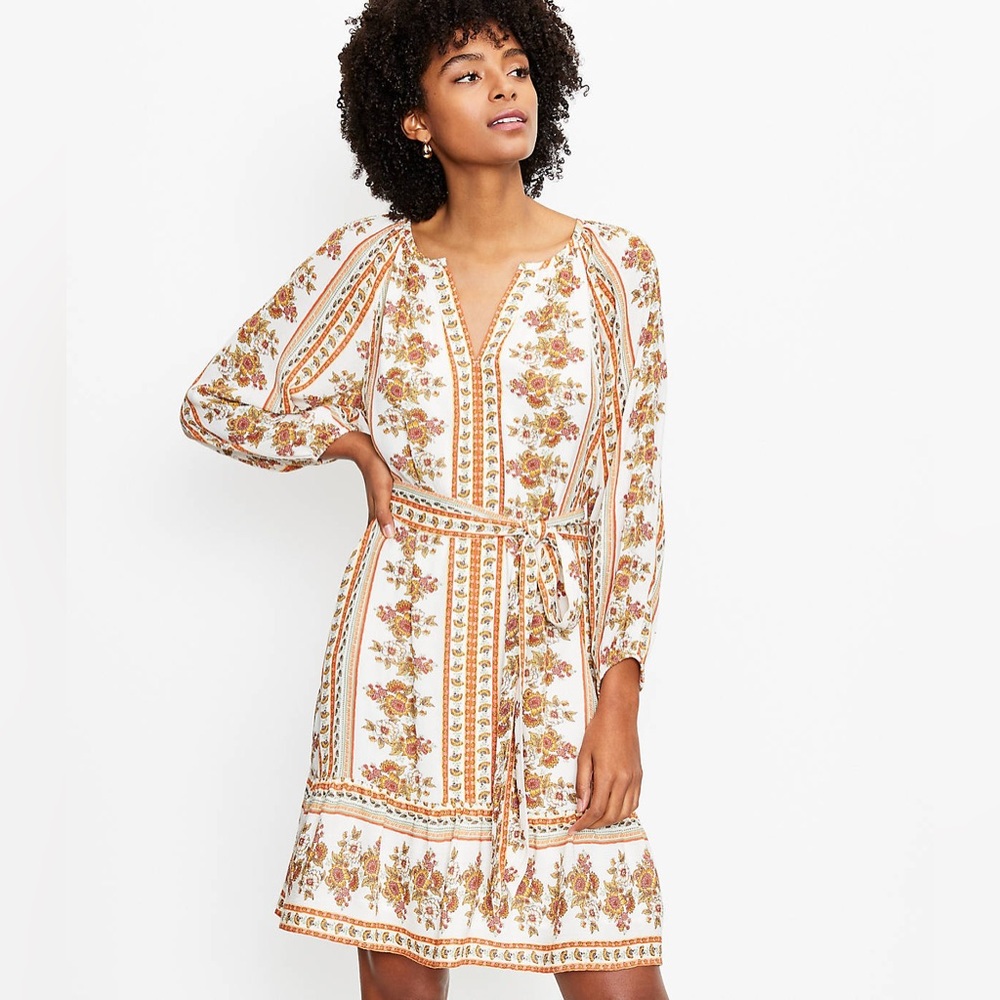 LOFT - Floral Stripe Split Neck Swing Dress